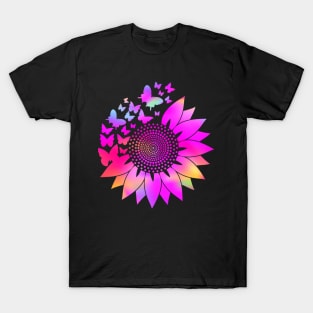 Rainbow Hot Pink Holographic, Sunflower Butterfly, Boho Mandala Inspired T-Shirt